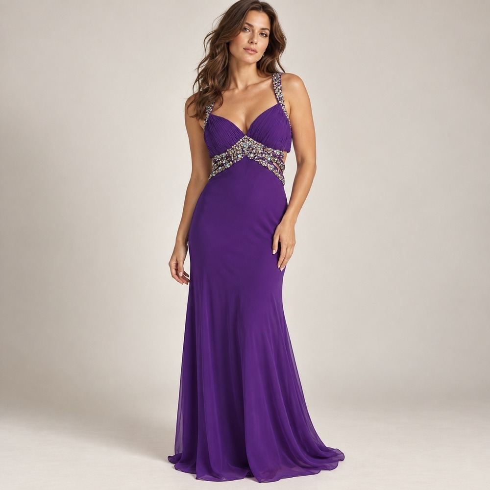Faviana Gown Women 12 Purple Rhinestone Embellished Open Back Cutout Pageant Y2K